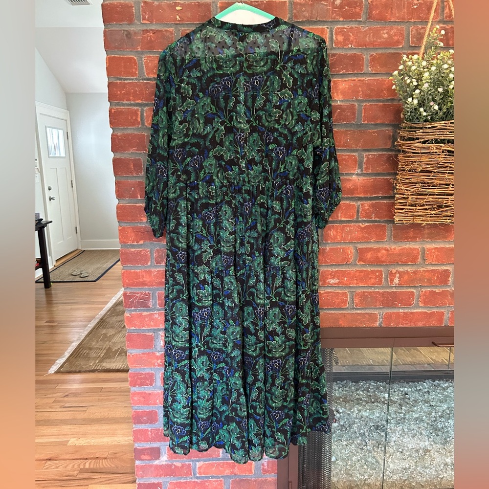Torrid Size 1 Maxi Chiffon Clip Dot Pleated Black Dress with Green & Navy Floral - Picture 3 of 7